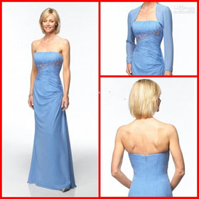 Fashion Fold Beaded 2011Hot Sky Blue Line Mother of The Bride Dresses Sheath Strapless Floor Length
