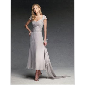 V-neckline Cap Sleeves Ruching Beaded Chiffon Mother of The Bride Dress MO5109