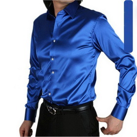 Wholesale - and Retail Blue Shiny Silk Satin Long-sleeved Shirt Men's- Shirt