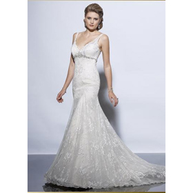 Slim A Line Gown Scalloped V-neckline Jeweling Empire Waist Satin Lace Chapel Train Wedding Dress Wedding Dresses 5602
