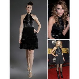Free Shipping New A-line High Neck Short/ Mini Chiffon Elastic Silk-like Satin Taylor Swift/ Cocktail Dress
