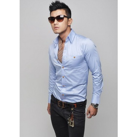 SHIPPING FREE 2011 New Mens Slim Luxury Stylish Contrast Buttons Dress Shirts Blue US Size S/M/L