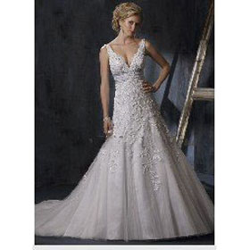 Free Shipping! Stunning Custom-made Luxury Lace Motif Embroidered Full A Line Wedding Dress