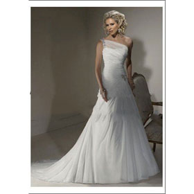 Free Shipping Organza Sheer Slant Neckline with One Shoulder and Rouched Bodice 2011 Bridal A Line Wedding Dress