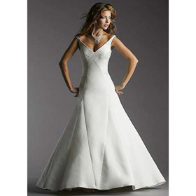 FREE SHIPPING White A Line V Neck Off The Shoulder Floor Length Satin Wedding Dress