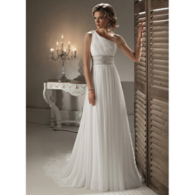 Custom Made Beaded Wedding Dress Slim Line Gown with One-shoulder Neckline and Corset Closure Grecian Style Free Shipping+gift