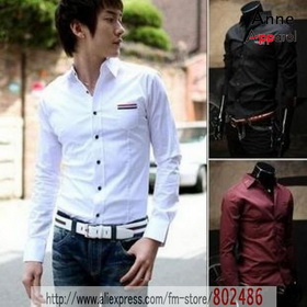 Decorative Piping Long Sleeve Shirt Slim (black, White, Wine Red) ST04