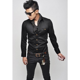 SHIPPING FREE 2011 New Mens Slim Luxury Stylish Contrast Buttons Dress Shirts Black US Size S/M/L
