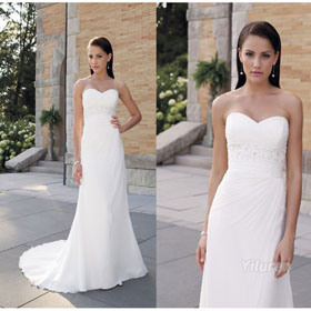 White Bridal Wedding Dress 2010 Hot Sale Beach Style Sweetheart Emprie Sheath Court Train Excellent Chiffon