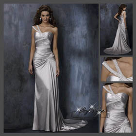 2010 Style Formal White One-Shoulder Wedding Dresses Court Train Embroidery Beadings Satin Wedding Bride Dress-