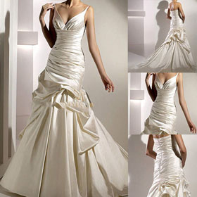 2011 Newest Fashion Spaghetti Strap A-line Sweetheart Taffeta Ruffle Ivory White Bride Wedding Dresses Wedding Gown Bridal Gowns