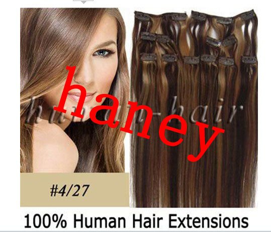 Free Shipping 20"10pcs/set HUMAN HAIR CLIP IN ON EXTENSION #4/27,90g 1sets