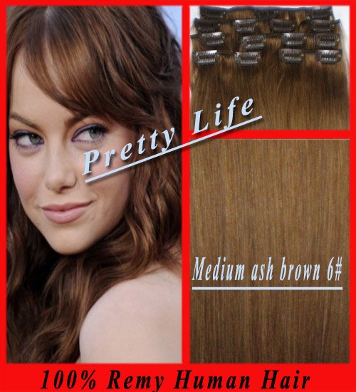 18" 100% Remy Human Hair Extensions Clip In/On Extensions,7pcs/70g/15 Clips ,Free Shipping,medium Ash Brown 6# 1 Set/lot