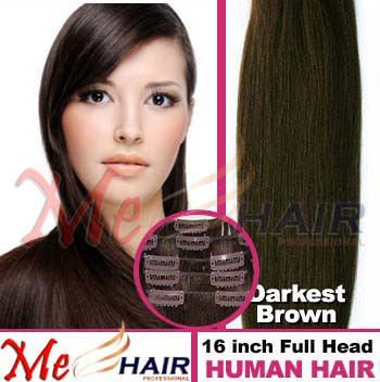 Free Shipping 70g Full Head 16" 7pcs Clip in On Human Hair Extension #2 Darkest Brown Cheap 16H7S#2