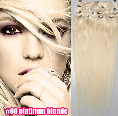 22" Clip In/on Hair Extension, 100% Human Hair Extension,Platinum #60, 7pcs/set,70g/set
