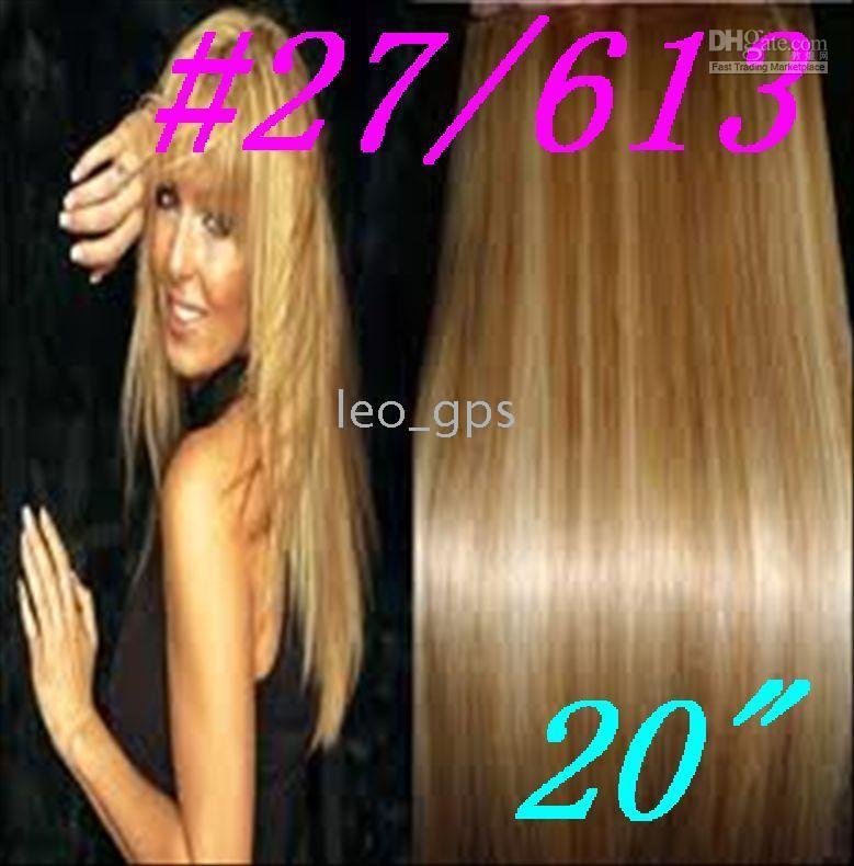 #613 32"&85g 5sets/lot 20" * 32" 8PCS Remy Human Hair CLIP ON / IN HAIR EXTENSIONS #27/613 , #27