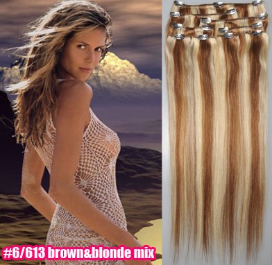 20" Clip In/on Hair Extension, 100% Human Hair Extension,#6/613, 8pcs/set,100g/set