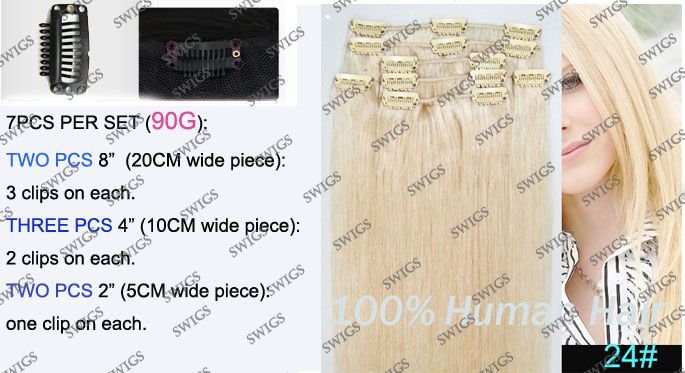 FREE SHIPPING 20" Clip In/on Human Hair Extensions Remy Hair Extensions 24# Golden Blonde 90G/SET 5SETS/LOT