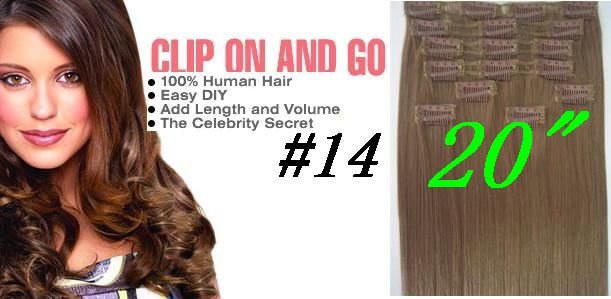 5 Sets/ Lot 20" X 32" Width 70g CLIP IN ON HAIR EXTENSIONS , REMY HUMAN HAIR EXTENSION #14 AUBURN 7pcs/set
