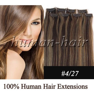 20" 8 Pcs/set Human Hair Clips On in Extension #4/27 Color 48gram