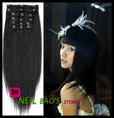 Free Shipping 18" 7Pcs Clip In 100% Real Human Hair Extension(Jet Black 1# )70g/Set Wholesale and Retail