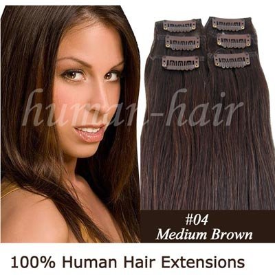 20" 6 Pcs/set Human Hair Clips On in Extension #4 Medium Brown Color, 36gram