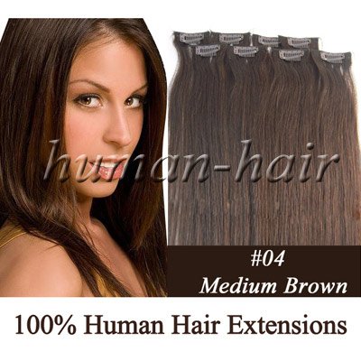 20" 8 Pcs/set Human Hair Clips On in Extension #4 Medium Brown Color 48gram