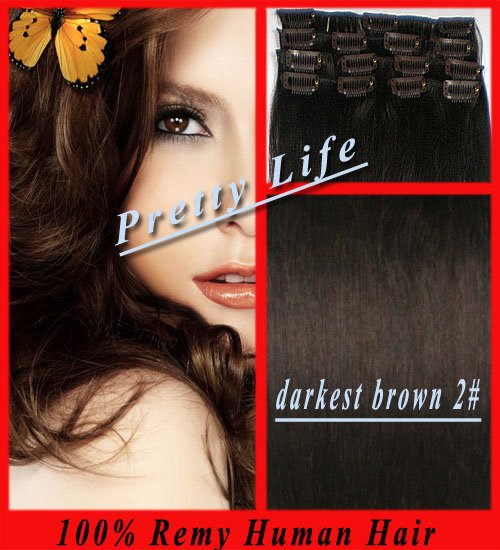 20 Inch 100% Remy Human Hair Extensions Clip In/On Hair,7pcs/70g/15 Clips ,Free Shipping,Darkest Brown 2#