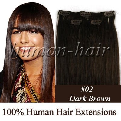 20" 3 Pcs/set Human Hair Clips On in Extensions #2 Dark Brown Color 36gram
