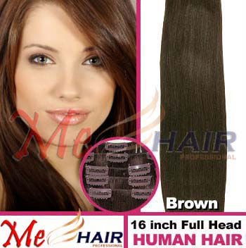 Free Shipping 70g Full Head 16" 7pcs Clip in On Human Hair Extension #4 Brown Cheap 16H7S#4