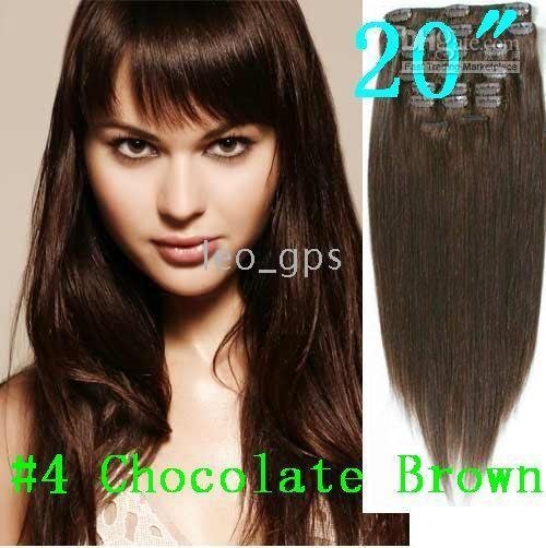 Free Shipping Brown 32"&85g 5sets/lot 20" * 32" 8PCS Remy Human Hair CLIP ON / IN HAIR EXTENSIONS #4 Chocolate