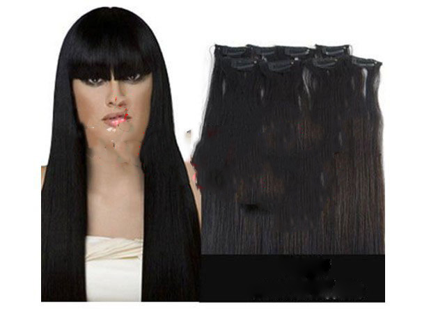 Free Shipping 20"8pcs/set HUMAN HAIR CLIP IN ON EXTENSION #1B,48g 1sets