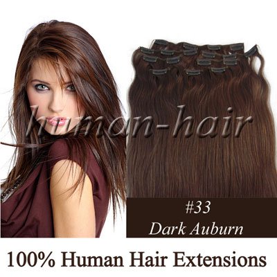 20" Clips On Human Hair Extension #33 Dark Auburn Color 100gram 8pcs/pack