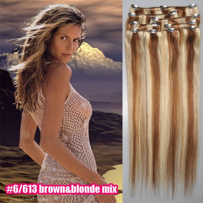 20" Clip In/on Hair Extension, 100% Human Hair Extension,#6/613, 7pcs/set,70g/set