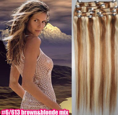 18" Clip In/on Hair Extension, 100% Human Hair Extension,#6/613, 7pcs/set,70g/set