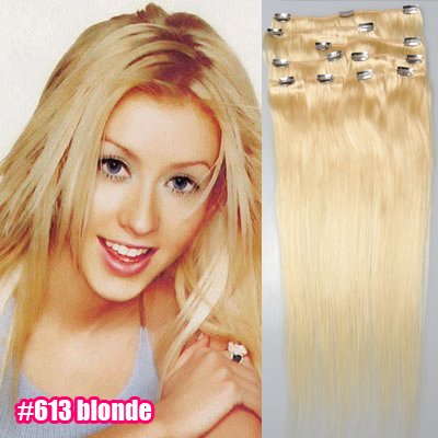 20" Clip In/on Hair Extension, 100% Human Hair Extension,Lightest Blonde #613, 7pcs/set,70g/set