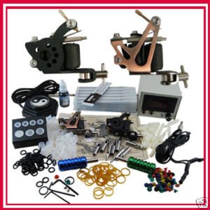 Tattoo Kit 2 Guns Power Supply Ink Needles Grips Tips