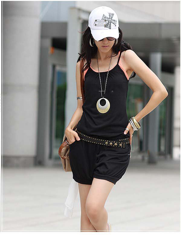 Korean Style Fashion Women Overall Straps Shorts,drawstring At The Waist,the Lowest Price,black,cotton,55% Off Shipping Charge