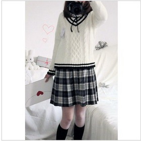 White Long Sweater Lattice Dress Student Winter Uniforms