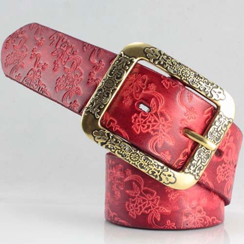 New Arrival!Chinese Flower-Carved Patterns,Flower-Carving Golden Copper Buckle,Full Grain Leather Belt,Girl's Belt in Spring.
