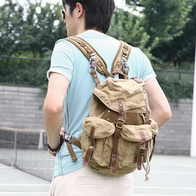 2296 Khaki Sports Backpack Bag, 100% Cotton Canvas Backpack, Leather Bag,fashion Handbag,backpack