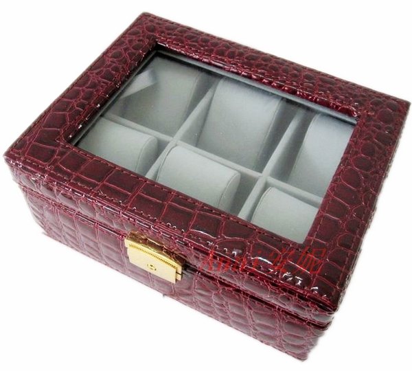 Superior Leather Alloy Button Watch Box for 6 Position