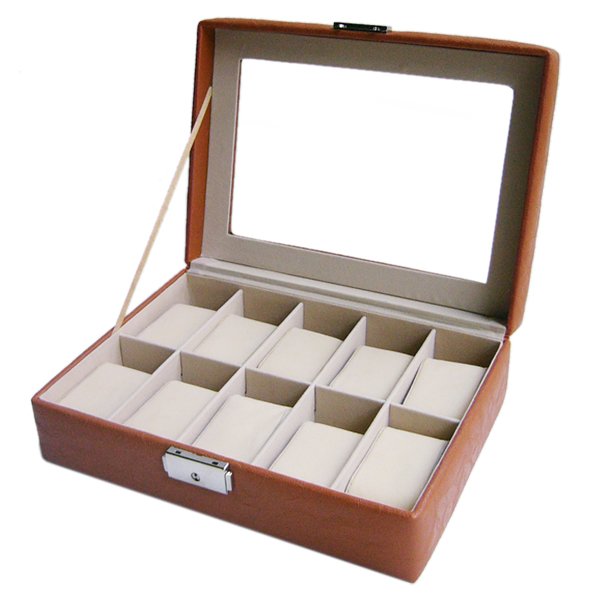 Hot Sale,Freeshipping,Fashion Watch Box with Glass Lid(10 Pcs Pillows),Watch Case,Tan