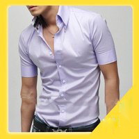 Male Short-sleeved Shirt Korean Features Collar Shirt(purple & Black)