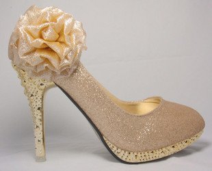 Gold Shining High Heel Closed Toes Flower Alongside Women's Bridal Shoes