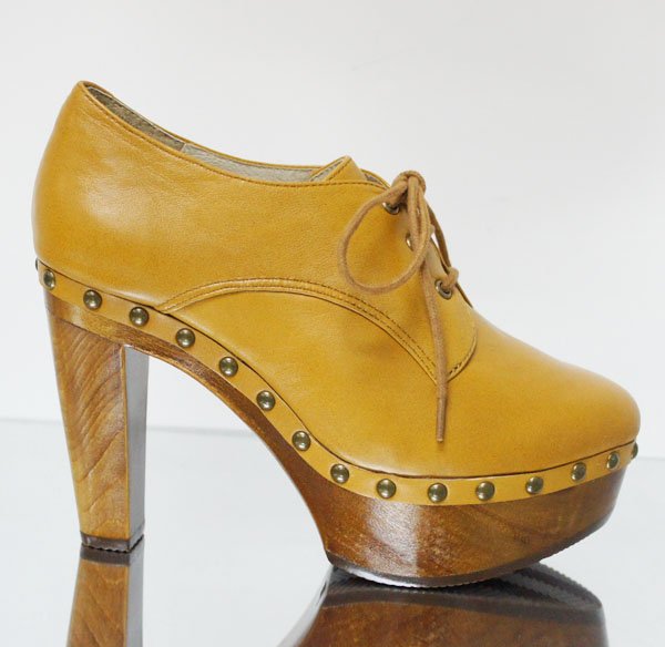 Lace Up High Heel Platform Wood Leather Fashion Short Boots Pumps Shoes