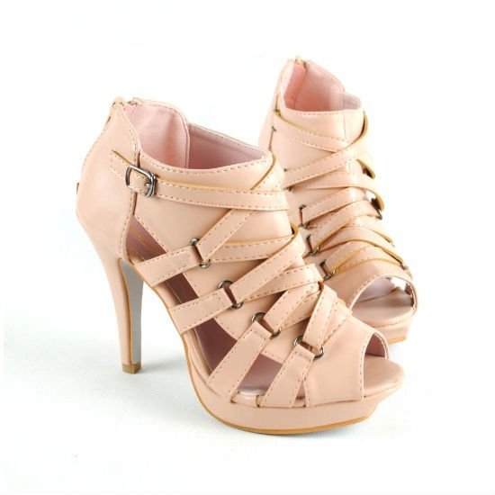 Women's PU Leather High Heeled Shoes Fish Mouth Platform Cross Lace Hollow