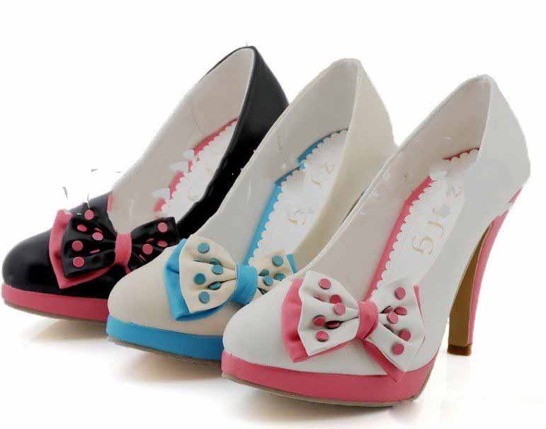 High Heels Bow Sex Platform Dress Lady Shoes Black White Blue