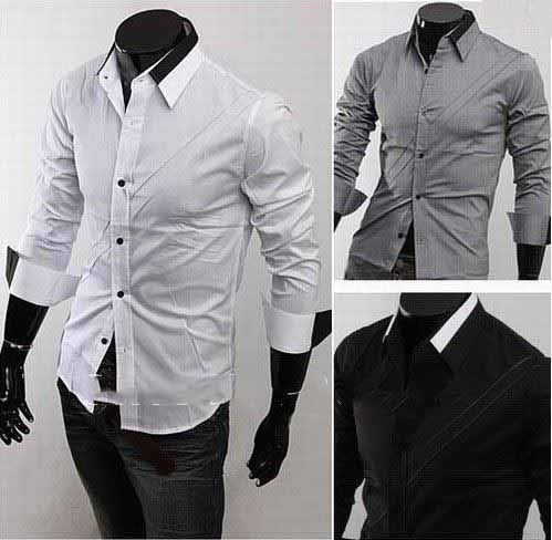 Article Inclined Hit Color Design Long-Sleeved Men's Shirts