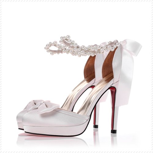 Pearl Buckle with High Heel Big Bowknot Women's Bridal Shoes